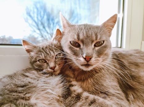 two cats cuddling on a window sill